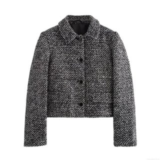 Women's Elegant Black White Tweed Sequin Jacket Vintage Short Coat Long Sleeve Single Breasted Button Outwear For Office Party Fall Spring Women Clothing