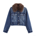 Women's Denim Jacket With Faux Fur Collar Fashion Casual Cropped Jeans Coat Long Sleeve Button Up Outerwear For Fall Winter Ladies