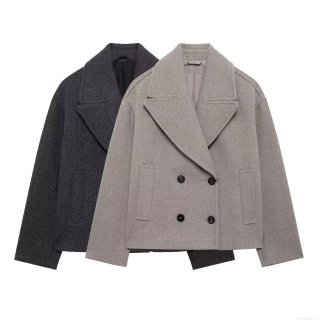 Women's Double Breasted Short Wool Blend Coat Classic Lapel Casual Loose Jacket Outerwear For Autumn Winter Daily Commuting Elegant Lady