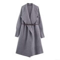 Women Elegant Long Knit Coat With Waist Belt Large Lapel Solid Color Polyester Knitted Cardigan Sweater Jacket For Fall Winter Daily Office Wear