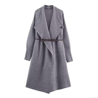 Women Elegant Long Knit Coat With Waist Belt Large Lapel Solid Color Polyester Knitted Cardigan Sweater Jacket For Fall Winter Daily Office Wear