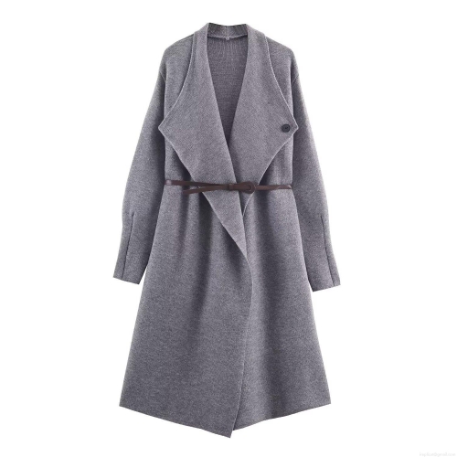 Women Elegant Long Knit Coat With Waist Belt Large Lapel Solid Color Polyester Knitted Cardigan Sweater Jacket For Fall Winter Daily Office Wear