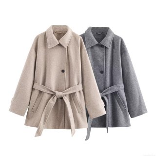 Women Fashion Woolen Coat Autumn Winter Casual Mid-Length Jacket With Belt Polyester Blend Outerwear Solid Color Lapel Overcoat For Women Office Daily