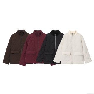 Women's Fashion Casual Oversized Quilted Jacket Stand Collar Zipper Padded Coat With Large Pockets Solid Color Wave Pattern Lightweight Outerwear For Autumn Winter