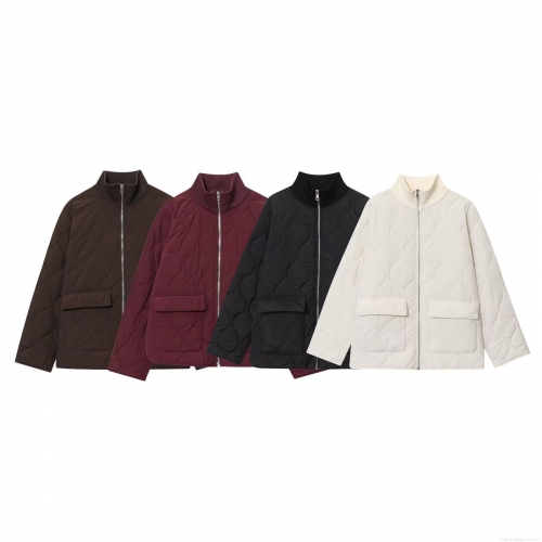 Women's Fashion Casual Oversized Quilted Jacket Stand Collar Zipper Padded Coat With Large Pockets Solid Color Wave Pattern Lightweight Outerwear For Autumn Winter