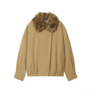 Women's Fashion Faux Fur Collar Bomber Jacket Khaki Loose Fit Warm Winter Coat Outwear with Zipper and Buttons Polyester Spandex Cool Silk Cotton Blend Casual Jacket