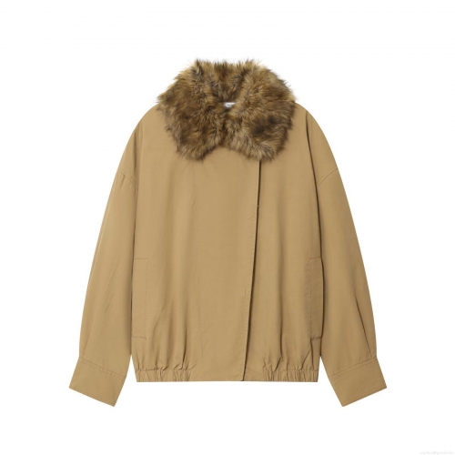 Women's Fashion Faux Fur Collar Bomber Jacket Khaki Loose Fit Warm Winter Coat Outwear with Zipper and Buttons Polyester Spandex Cool Silk Cotton Blend Casual Jacket