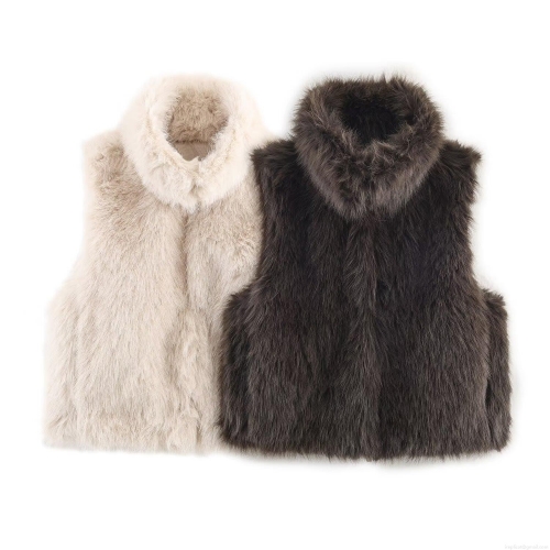Elegant Women Faux Fur Vest With High Stand Collar Sleeveless Thick Warm Autumn Winter Waistcoat Socialite Style Solid Color Outerwear