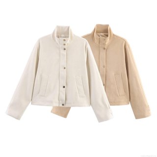 Women's Retro Stand Collar Suede Jacket Elegant Solid Color Short Casual Coat With Pockets Vintage Niche Outerwear For Daily Work Party