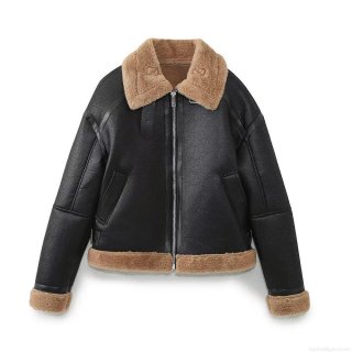 Women's Biker Style Faux Leather Jacket With Faux Shearling Lining Warm Winter Lapel Zipper Coat For Casual Fashion Women Outerwear