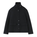Women's Elegant Short Woolen Blend Jacket Stand Collar Single Breasted Coat With Big Pockets Casual Solid Black Winter Outerwear