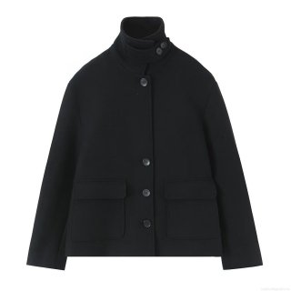 Women's Elegant Short Woolen Blend Jacket Stand Collar Single Breasted Coat With Big Pockets Casual Solid Black Winter Outerwear