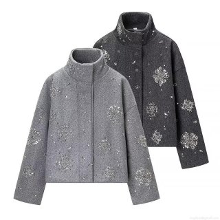 Women's Elegant Short Woolen Jacket Coat With Rhinestone Sequin Snowflake Embroidery Stand Collar Long Sleeve Zipper Outerwear For Winter Party