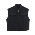 Women's Fashion Utility Vest Stand Collar Sleeveless Jacket Solid Color 100% Polyester Zipper Pockets Casual Outwear Basic Minimalist Style for Women