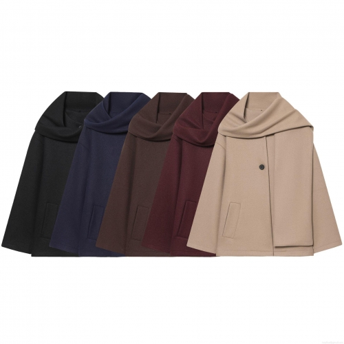 Women's Elegant Scarf Collar Short Woolen Coat Solid Color Long Sleeve Single Breasted Jacket Outerwear For Autumn Winter