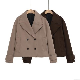Women's Short Woolen Coat Double Breasted Oversized Lapel Loose Fit Polyester Spandex Blend Minimalist Jacket Outerwear For Autumn Winter Ladies