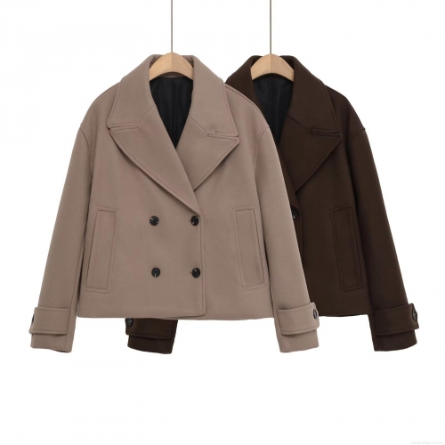 Women's Short Woolen Coat Double Breasted Oversized Lapel Loose Fit Polyester Spandex Blend Minimalist Jacket Outerwear For Autumn Winter Ladies
