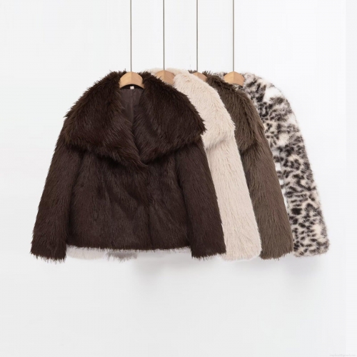 Women Fashion Faux Fur Jacket Warm Minimalist Leopard Print Solid Color Lapel Collar Long Sleeve Coat For Autumn Winter Casual Daily Wear