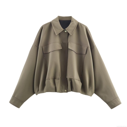 Women's Casual Bomber Jacket Polyester Spandex Workwear Style Drop Shoulder Outerwear With Large Pockets Zipper Turn-down Collar Loose Fit Short Coat For Autumn Daily Fashion