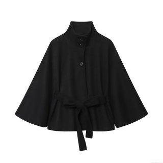 Women Elegant High Neck Belted Cape Coat Fashion Solid Color Stand Collar Woolen Poncho Jacket With Button For Office Casual Party Autumn Winter