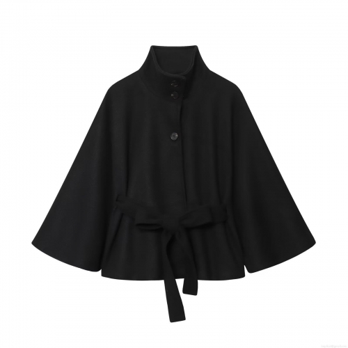 Women Elegant High Neck Belted Cape Coat Fashion Solid Color Stand Collar Woolen Poncho Jacket With Button For Office Casual Party Autumn Winter