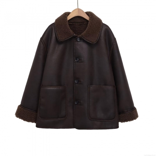 Women's Faux Leather Shearling Jacket Vintage Thickened Fur Trim Lapel Coat Warm Winter Outwear Single Breasted Jacket With Pockets Casual Fashion For Women