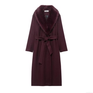 Women's Long Woolen Overcoat 100% Polyester Fabric Detachable Fur Collar Elegant Tie-Up Waist Belt Coat Burgundy Winter Warm Outerwear Fashion Lady Jacket