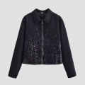 Women's Elegant Black Sequin Jacket 100% Polyester Zipper Closure Long Sleeve Lapel Coat For Party Evening Daily Fashion Casual Celebrity Style Outerwear