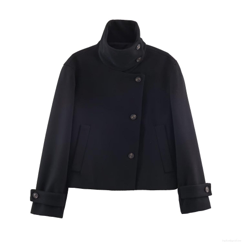 Women's French Retro Stand Collar Short Coat Fashion Solid Color Single Breasted Woolen Jacket For Office Casual Winter Autumn Outwear