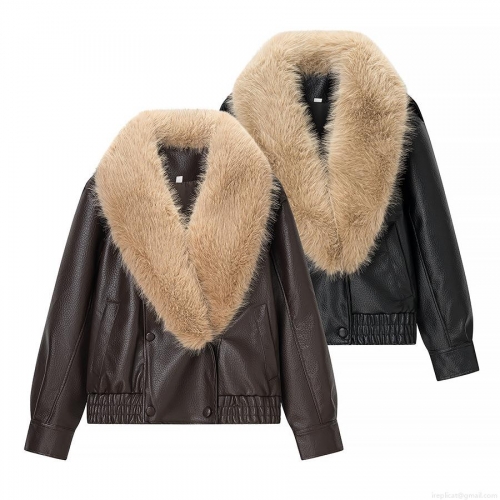 Women's Fashion Faux Leather Jacket With Removable Faux Fur Collar Double Breasted PU Leather Coat Loose Fit Long Sleeve Bomber Jacket For Winter Casual Commute Women Outerwear