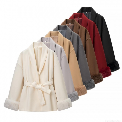 Elegant Faux Fur Cuff Woolen Coat For Women Polyester Blend Warm Waist Tie Belted Jacket Casual Party Office Solid Color Outerwear