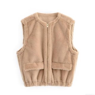 Women's Casual Faux Fur Vest Round Neck Sleeveless Zip Up Waistcoat Warm Winter Solid Color Plush Outerwear Jacket For Ladies