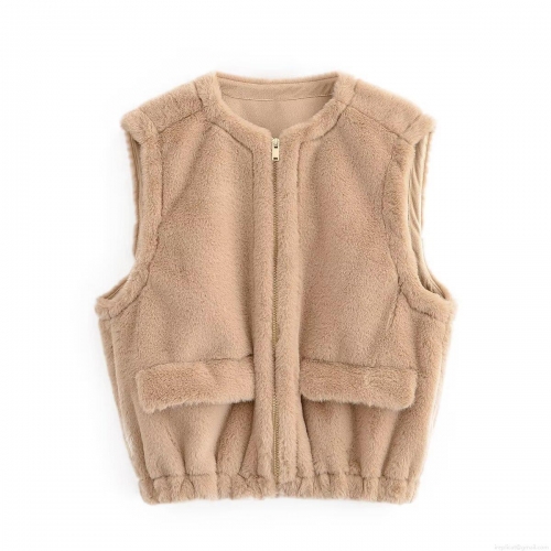 Women's Casual Faux Fur Vest Round Neck Sleeveless Zip Up Waistcoat Warm Winter Solid Color Plush Outerwear Jacket For Ladies