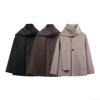 Women's Fashion Elegant Scarf Collar Woolen Coat Loose Single Breasted Short Jacket Outerwear With Pockets For Winter Autumn Ladies