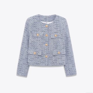 Women's Elegant Blue Tweed Jacket Round Neck Short Coat With Gold Buttons Vintage Style Long Sleeve Outerwear For Work Commute Party Ladies