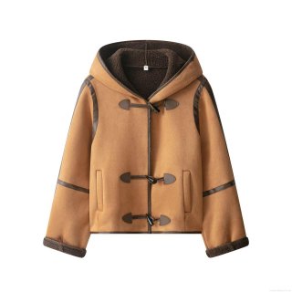 Women's Faux Shearling Hooded Toggle Coat Thick Warm Fleece Lined Suede Jacket Winter Casual Fashion Outerwear With Pockets For Lady