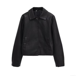 Women's Casual Faux Leather Jacket Fashion Lapel Long Sleeve Solid Black Zip Up Short Moto Biker Coat Outerwear for Women Autumn Winter Daily Streetwear