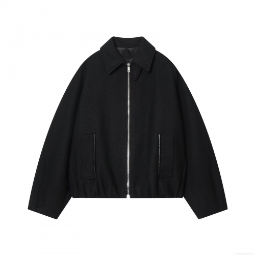 Women's Casual Loose Bomber Jacket Tweed Polyester Outerwear With Zipper Leather Trim Pocket Solid Black Long Sleeve Lapel Jacket For Winter Daily Fashion