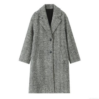 Women's Long Herringbone Woolen Coat Winter Casual Loose Lapel Overcoat With Buttons Grey British Style Trench Coat For Women