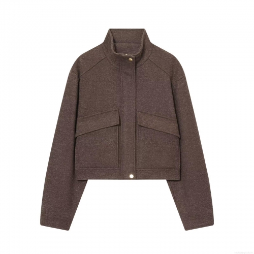 Women Fashion Simple Stand Collar Short Jacket Coat Warm Woolen Texture Solid Color Outwear With Gold Buttons For Winter Daily Office Wear