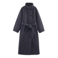Women Long Woolen Coat Elegant Stand Collar Belted Overcoat Winter Warm Solid Color British Style Trench Coat For Ladies