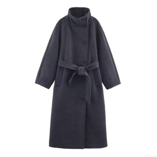 Women Long Woolen Coat Elegant Stand Collar Belted Overcoat Winter Warm Solid Color British Style Trench Coat For Ladies