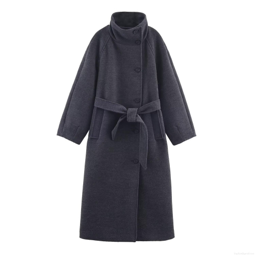 Women Long Woolen Coat Elegant Stand Collar Belted Overcoat Winter Warm Solid Color British Style Trench Coat For Ladies