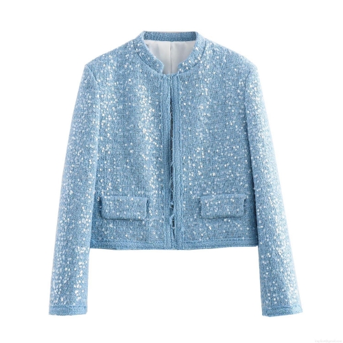 Women's Elegant Sequined Tweed Jacket Round Neck Short Outerwear With Pockets Long Sleeve Polyester Spandex Tweed French Style Lady Party Commute Coat