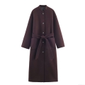 Elegant Long Woolen Coat For Women With Belt Stand Collar Loose Winter Warm Solid Color Outerwear Jacket