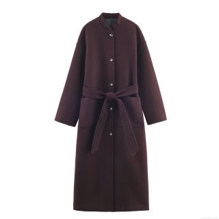 Elegant Long Woolen Coat For Women With Belt Stand Collar Loose Winter Warm Solid Color Outerwear Jacket