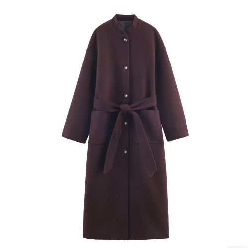 Elegant Long Woolen Coat For Women With Belt Stand Collar Loose Winter Warm Solid Color Outerwear Jacket