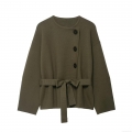 Women's Fashion Knitted Jacket With Belt Round Neck Solid Color Single Breasted Long Sleeve Casual Knitwear Short Coat Outerwear For Winter Ladies