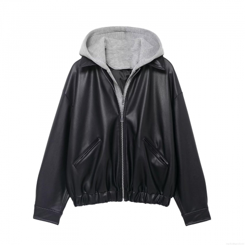 Women's Hooded Faux Leather Jacket Casual Patchwork Long Sleeve Zipper Coat With Knit Hood Loose Fit Streetwear Outwear For Autumn Winter Ladies