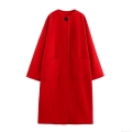 Women's Elegant Red Long Woolen Blended Coat Round Neck Loose Fit Midi Jacket With Pockets Single Button Warm Winter Outerwear For Ladies